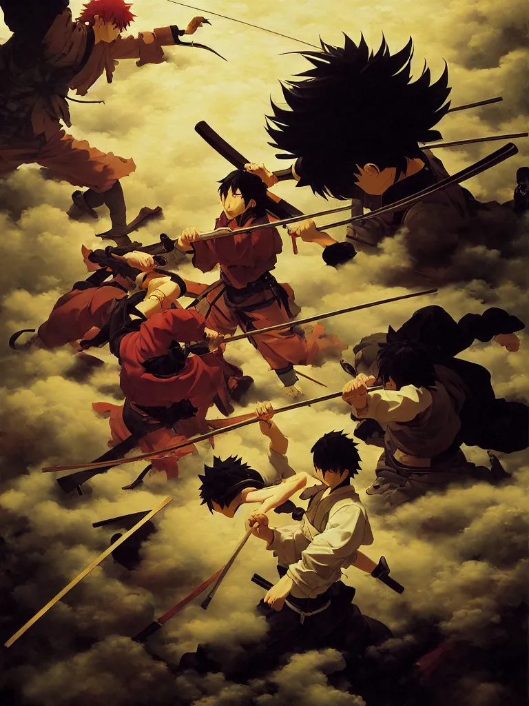 Image similar to baroque oil painting of key visual samurai fight, rule of thirds golden ratio, fake detail, trending pixiv fanbox, acrylic palette knife, style of makoto shinkai ghibli takashi takeuchi yoshiyuki sadamoto jamie wyeth james gilleard greg rutkowski chiho aoshima