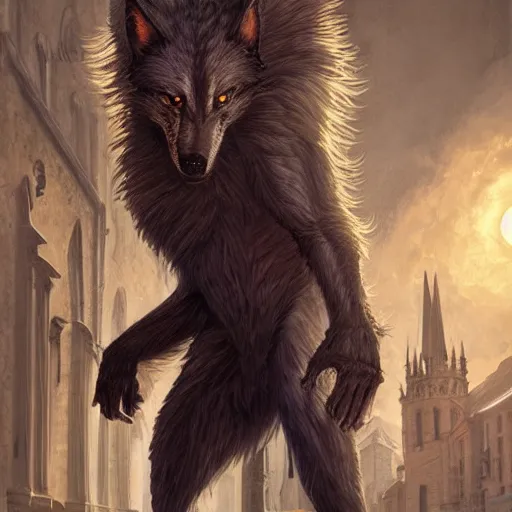 Image similar to werewolf in the city lviv church of st. elizabeth, portrait, highly detailed, full body, digital painting, trending on artstation, concept art, sharp focus, illustration, art by artgerm and greg rutkowski and magali villeneuve