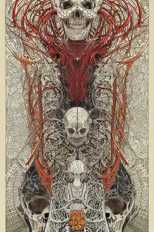 Image similar to intricate atomical skeleton of a crow, crow skull, background consists of interwoven varities of superhot chili peppers, bhut jolokia, carolina reaper, trinidad scorpion, voronoi, fibonacci sequence, leaves, by Moebius, Alphonse Mucha, peter mohrbacher, hiroshi yoshida, Art Nouveau, cgsociety, concept art, tweed colour scheme, psychedelic, complementary colour scheme, 3d