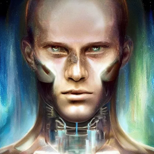 Prompt: half machine half man from the future, artstation hall of fame gallery, editors choice, #1 digital painting of all time, most beautiful image ever created, emotionally evocative, greatest art ever made, lifetime achievement magnum opus masterpiece, the most amazing breathtaking image with the deepest message ever painted, a thing of beauty beyond imagination or words, 4k, highly detailed, cinematic lighting