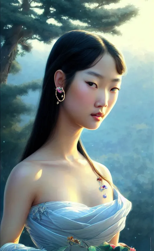 Image similar to a beautiful young charming asian goddess with sundress + jewelry + shinny eyes | | winter, symmetric, realistic shaded, unpleasant face, good looking, fine details, dior, lv, realistic shaded lighting poster by greg rutkowski, macoto takahashi, magali villeneuve, artgerm, jeremy lipkin and michael garmash