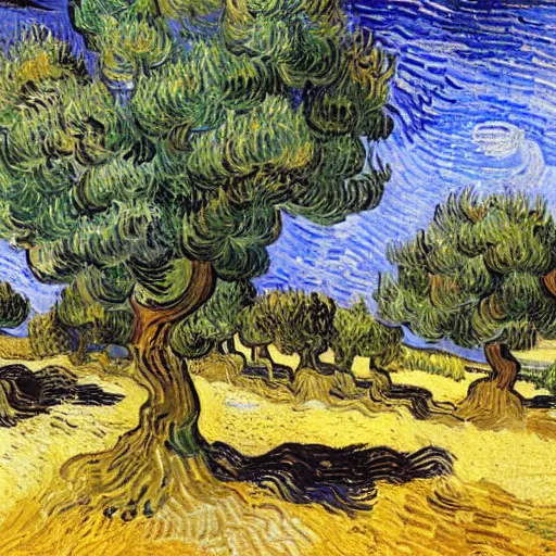 Image similar to olive trees in an ancient greek temple landscape, trending on art station, painting by vincent van gogh