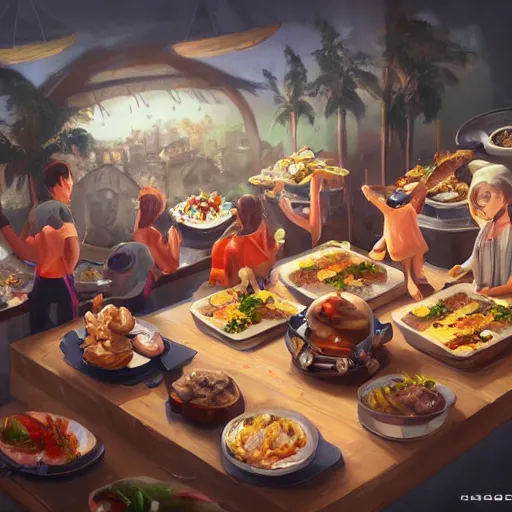 Prompt: artwork of a food feast, by rossdraws, matte painting, trending on artstation, gopro pov