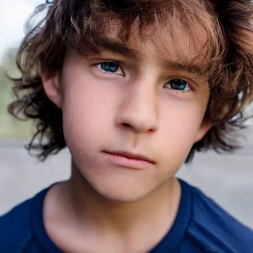 Image similar to a closeup portrait of a boy with brown hair and brown eyes. Extremely clear and high quality eyes with reflection, realistic face and details, clear lips and high quality