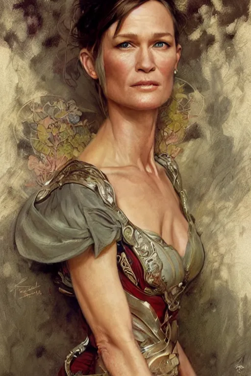 Prompt: Robin Wright portrait, fantasy, elegant, intricate, by Stanley Artgerm Lau, greg rutkowski, thomas kindkade, alphonse mucha, loish, norman Rockwell