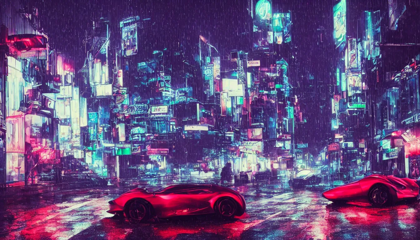 Prompt: real photo, night, rain, modern city street, a futuristic car, synthwave