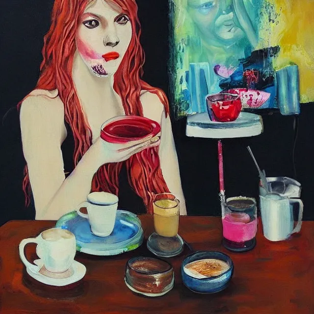 Image similar to “ sensual, a portrait in a female art student ’ s apartment, pancakes, woman drinking an iced latte from a painting, berries, art supplies, a candle dripping white wax, berry juice drips, neo - expressionism, surrealism, acrylic and spray paint and oilstick on canvas ”