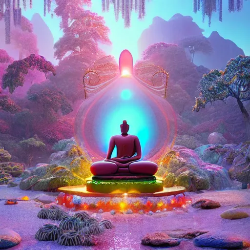 Prompt: budha sculpture made of crystal and shiny fine ice, shiny ornaments, bioluminescence, vegetation, colorful, rim light, highly detailed, tilt shift, digital painting, concept art, smooth, sharp focus, pleasing aesthetics, josan gonzalez, michael dante dimartino, simon stalenhag, octane render, disney pixar, 4 k