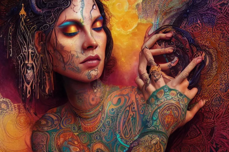 Image similar to a centered render of a alluring festival hippie with tribal tattoos surrounded by a underwater ink pour and flowing liquid galium and sacred geometry, perfect body face and hands, powerful, cinematic, beautifully lit, by artgerm, by karol bak, by donato giancola, by beeple, 3 d, trending on artstation, octane render, 8 k