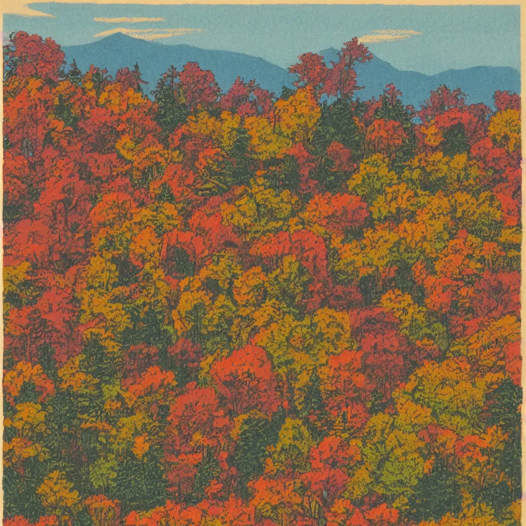 Image similar to a vintage risograph of an autumn landscape