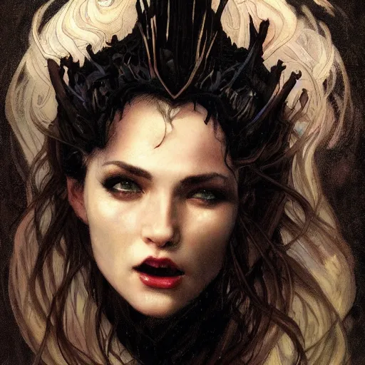 Image similar to portrait of a menacing beautiful vampire, head only, headshot, detailed and clear eyes and mouth, blinding white hair by Stanley Artgerm Lau , greg rutkowski, thomas kindkade, alphonse mucha, loish, norman rockwell, J. C. Leyendecker. hair waving in the wind, pale skin, sinister complexion, thorn crown, image bordered by thorns, thorn background. D&D, fantasy. Trending on artstation rule of thirds extremely detailed illustration hd 4k