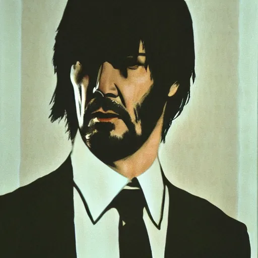 Image similar to keanu reeves in pulp fiction, etching, ultra realistic