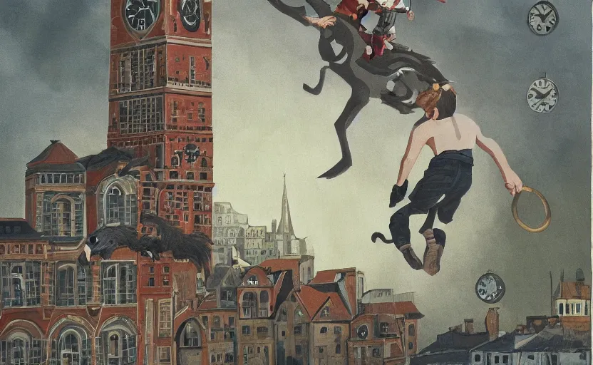 Image similar to a boy fighting a wolf on the edge of a clocktower, by taylor barron, gouache, print