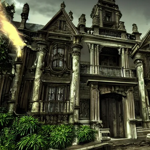 Prompt: entrance of a mansion, gargoyles, plants, highly detailed, realistic, background of resident evil game