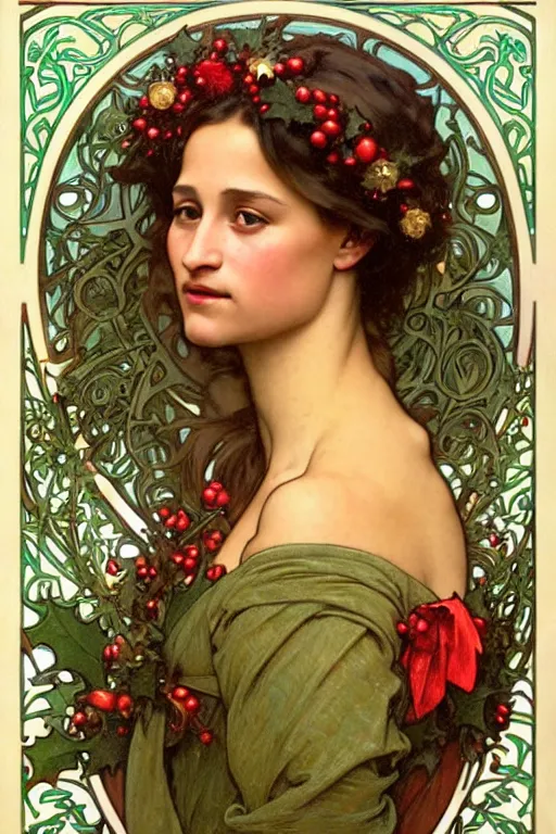 Prompt: realistic art nouveau style detailed portrait of alicia vikander wearing a holly wreath as a crown at christmas by alphonse mucha, william adolphe bouguereau, and donato giancola art nouveau style, red and green christmas colors