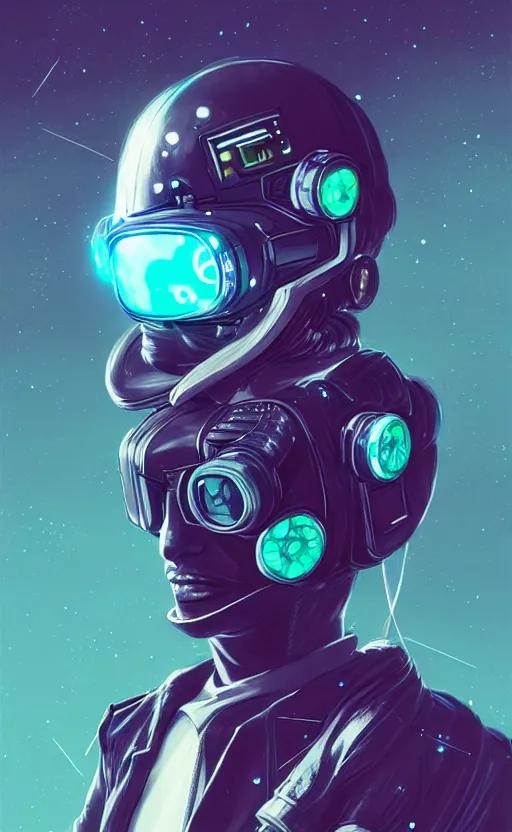 Prompt: wearing the cyberpunk vr helmet of the northern star, fashion, fancy suit, cosmic nova, expensive clothing, professional, teal helmet, illustration, style of yoshitaka amano, illustration, artstation, pixiv