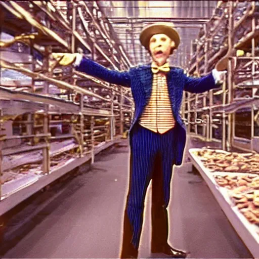 Image similar to security cam footage still of Willy Wonka in his Chocolate Factory