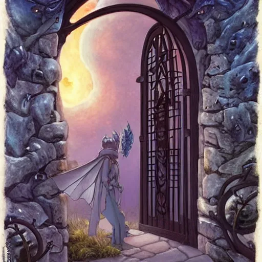 Image similar to gate portal with another world visible inside style studio ghibli and Gerald Brom, faeries flyng, dreamy, mystical, dark