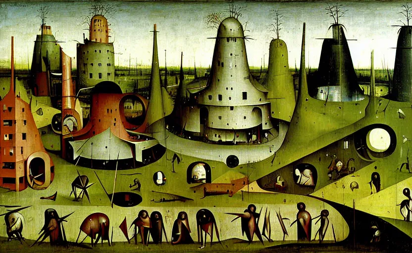 Prompt: geometric painting of industrial buildings surrounded by undergrowth by hieronymus bosch