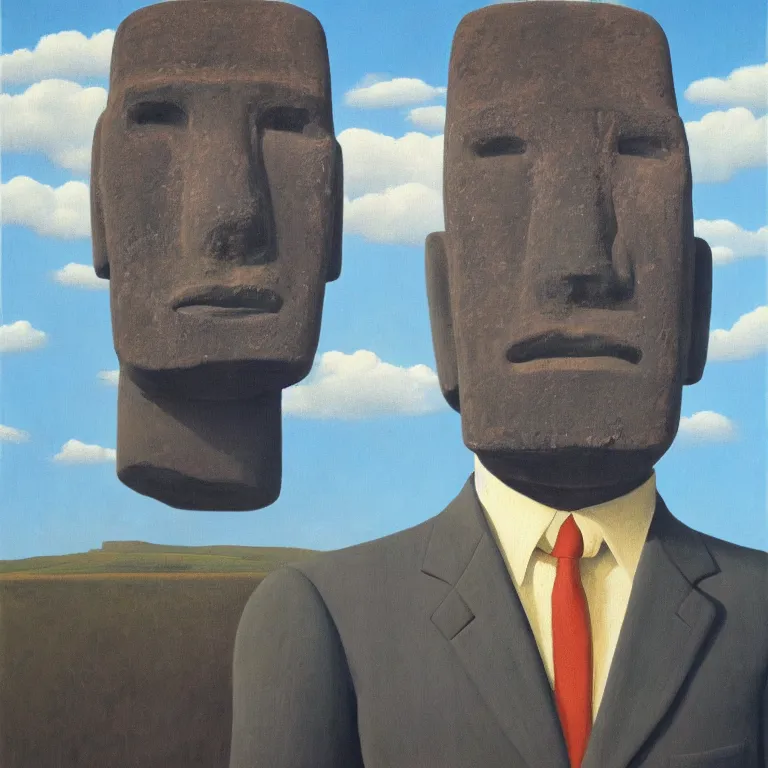 Prompt: portrait of a moai - head man in a suit, clouds in the background, by rene magritte, detailed painting, distance, middle centered, hd, hq, high resolution, high detail, 4 k, 8 k