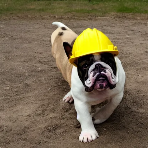 Prompt: A white olde english bulldogge operating heavy machinery while wearing a yellow hard hat