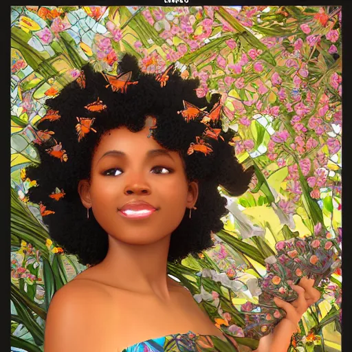 Prompt: portrait of a smiling beautiful black woman with fluffy afro made of lilies surrounded by monarch butterflies by alphonse mucha, full color digital illustration trending on artstation, octane render