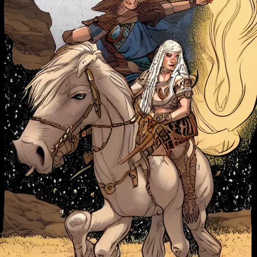 Image similar to an albino viking woman riding a war horse by Humberto Ramos and Mark Robinson,