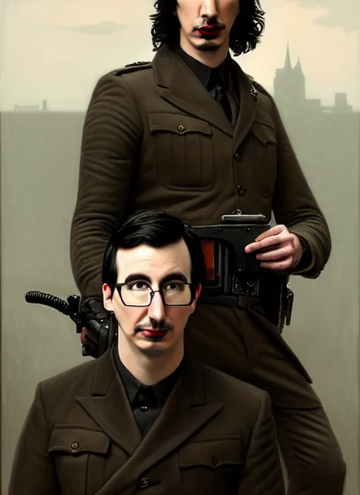 Image similar to painting of both john oliver and adam driver together, adam driver behind, john oliver in front, stoic, full body, military uniform, fantasy, elegant, beautiful, highly detailed, centered, dark, smokey, digital painting, concept art, smooth, sharp focus, illustration, deviant art, art by greg rutkowski, art by alphonse mucha