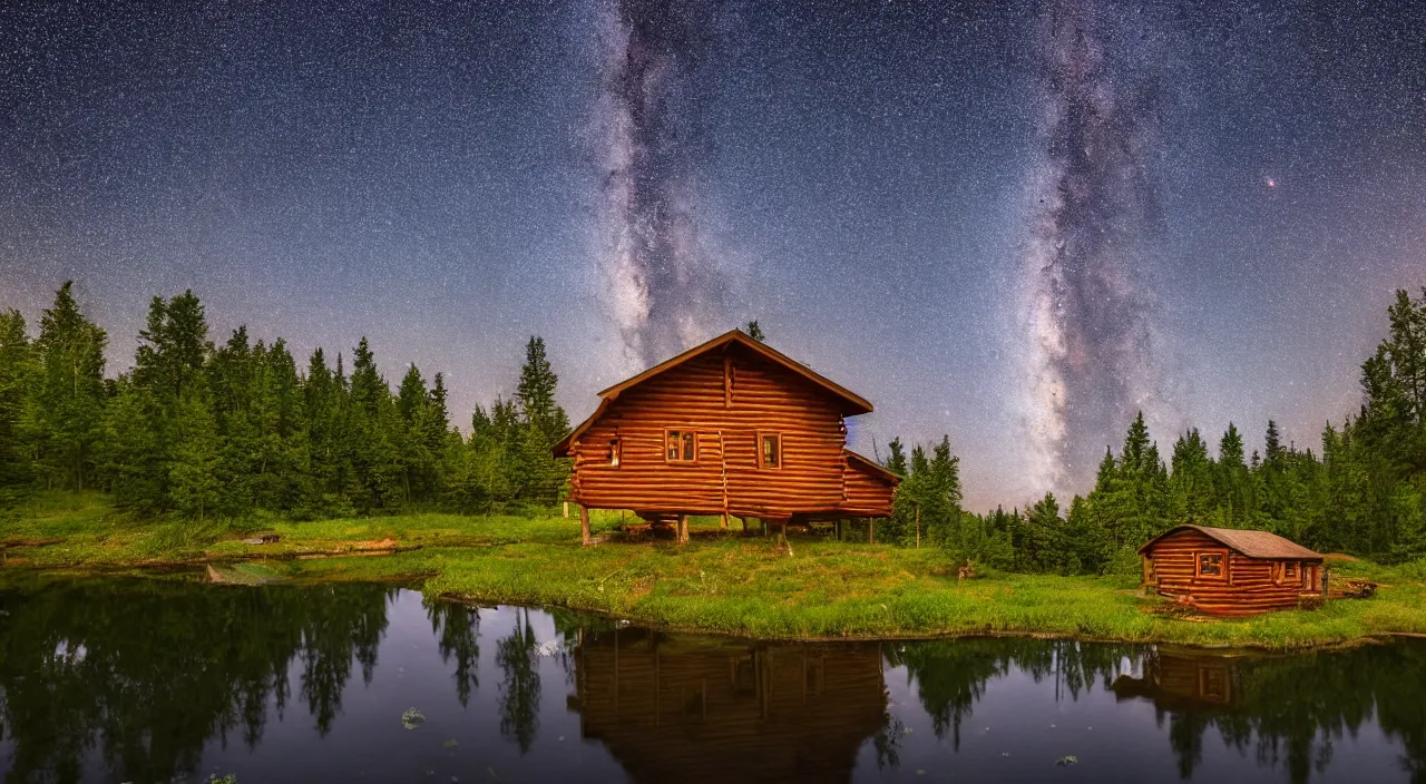 Prompt: A photo of a cabin next to a pond at nighttime, the Milky Way and stars are above, the stars are reflected in pond , 4K high quality, high detail, high definition award winning photo.