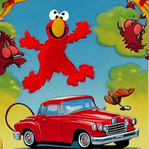 Image similar to Elmo hijacks a vintage Packard