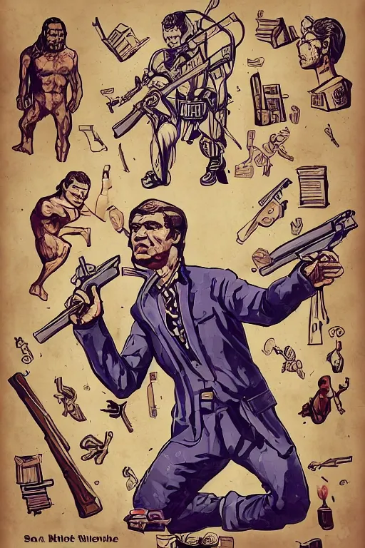 Prompt: saint homo neanderthalis, with book of science, on his right hand, and riffle, on his left hand, fix duplicate content!, violet polsangi pop art, gta chinatown wars art style, bioshock infinite art style, incrinate, realistic anatomy, hyperrealistic, two colors, white frame, content proportion