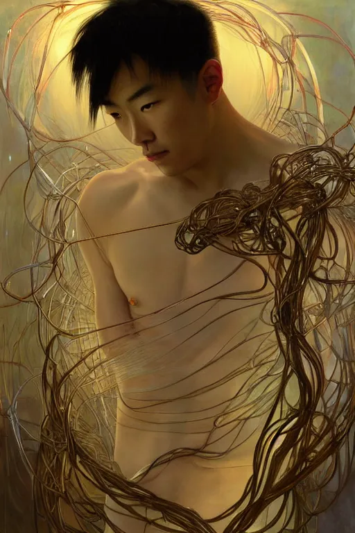 Image similar to hyperrealist portrait of an attractive angelic asian man, it is decorated with long wires that fall like vines and wears small computers over their body. by jeremy mann and alphonse mucha, fantasy art, photo realistic, dynamic lighting, artstation, poster, volumetric lighting, very detailed faces, 4 k, award winning