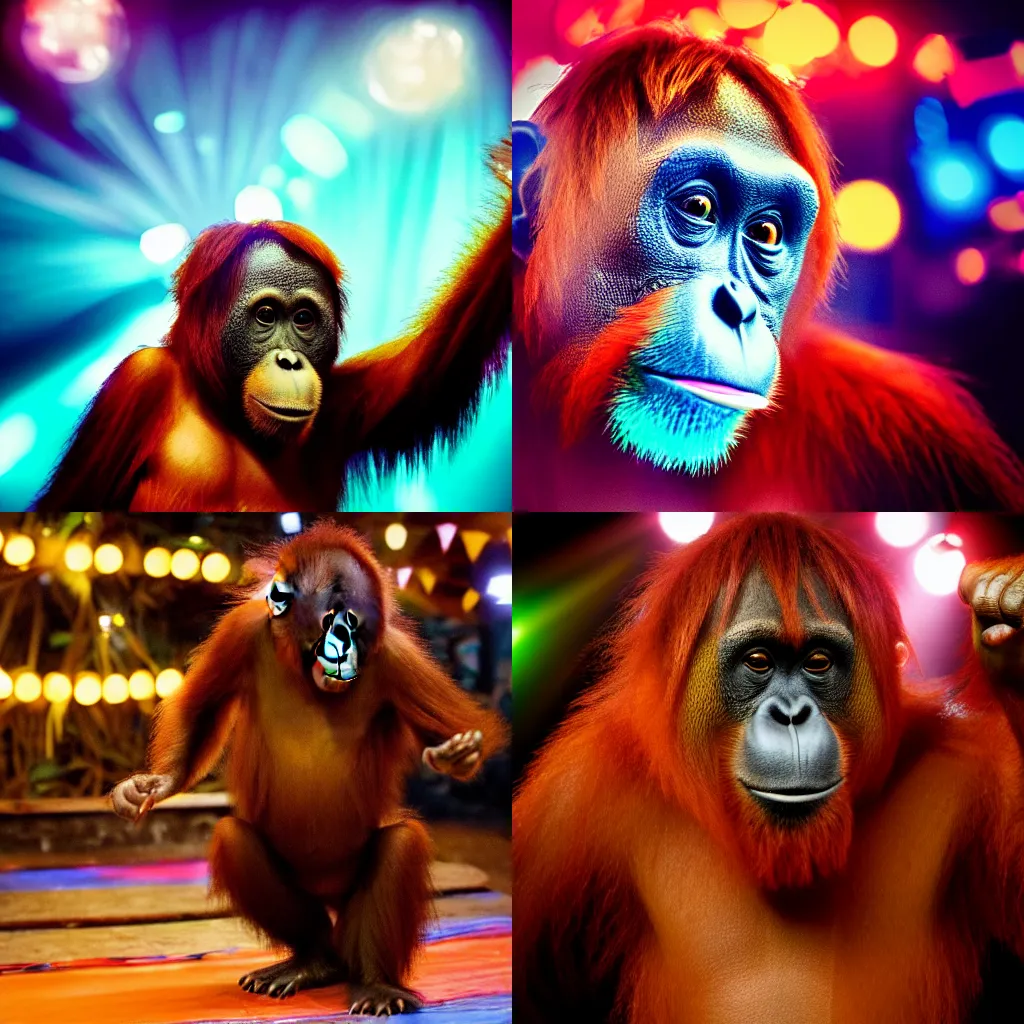 Prompt: A high-quality photo of an orangutan partying at the club with Michael Gove, disco lights, bokeh, photorealism, motion blur