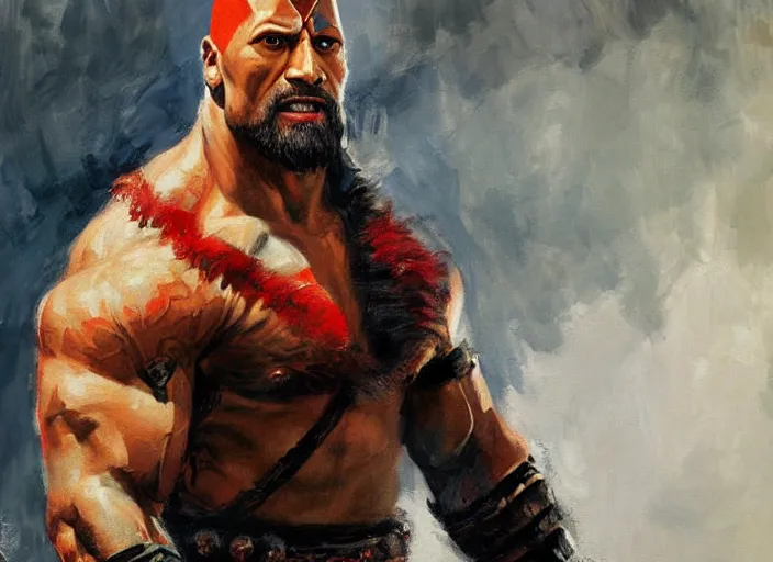 Image similar to a highly detailed beautiful portrait of dwayne johnson as kratos, by gregory manchess, james gurney, james jean