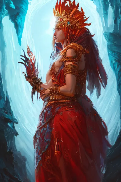 Prompt: beautiful ageless goddess of fire and ice wearing an elaborate costume and headdress, grimdark fantasy, detailed matte painting by Brom and Alena Aenami and Peter Mohrbacher, bokeh, Artstation, cinematic gel lighting, rainbow aventurescence