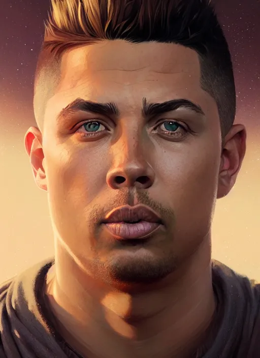 Image similar to highly detailed portrait of ronaldo nazario, stephen bliss, unreal engine, fantasy art by greg rutkowski, loish, rhads, ferdinand knab and lois van baarle, ilya kuvshinov, rossdraws, tom bagshaw, alphonse mucha, global illumination, detailed and intricate environment