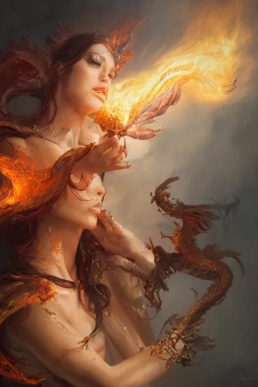 Image similar to beautiful girl sorcerer transforming into fire and golden dragon skin, casting magic spell, angel, fantasy, magic the gathering, hyper detailed, 3 d render, hyper realistic detailed portrait, peter mohrbacher, wlop, ruan jia, luis royo