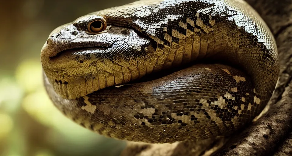 Prompt: closeup portrait of a python in a jungle environment, dramatic lighting, cinematic, octane render, cgsociety, artstation, 4k