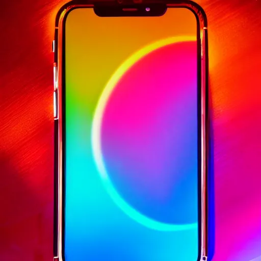 Prompt: promotional photograph for a futuristic iphone made in 2 0 4 0, beautiful photograph, studio lighting, advertisement, 4 k quality, 8 k quality, futuristic!!!! reflective material, intricate, glowing apple logo