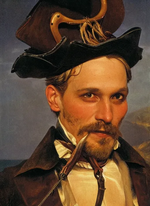 Image similar to close - up portrait of a male pirate with two peglegs and two hook hands, detailed dynamic light painting by albrecht anker