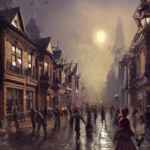 Prompt: street of victorian city, happy, a lot of people, realistic, 8 k, detailed, concept art, trending on artstation