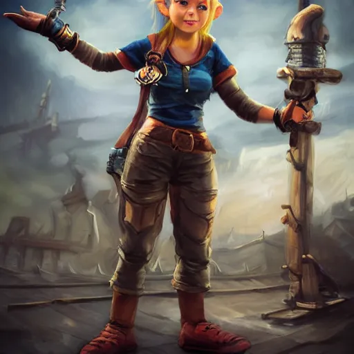Image similar to realistic full body portrait of a real-life scrappy female gnome engineer with pixie undercut hair, one of her arms is a prosthetic metal thunder gauntlet, standing on a ship deck, thunder fantasy magic, naval background, D&D, highly detailed, digital painting, HD, trending on ArtStation, dark fantasy, great composition, concept art, matte, sharp focus, illustration, by Greg Rutkowski