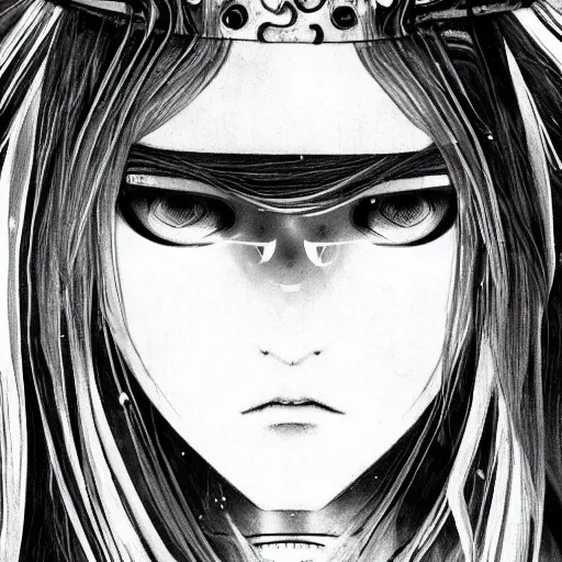 Image similar to yoshitaka amano blurred and dreamy illustration of an anime girl with pirate eye patch, wavy white hair and cracks on her face wearing elden ring armour with the cape fluttering in the wind, abstract black and white patterns on the background, noisy film grain effect, highly detailed, renaissance oil painting, weird portrait angle