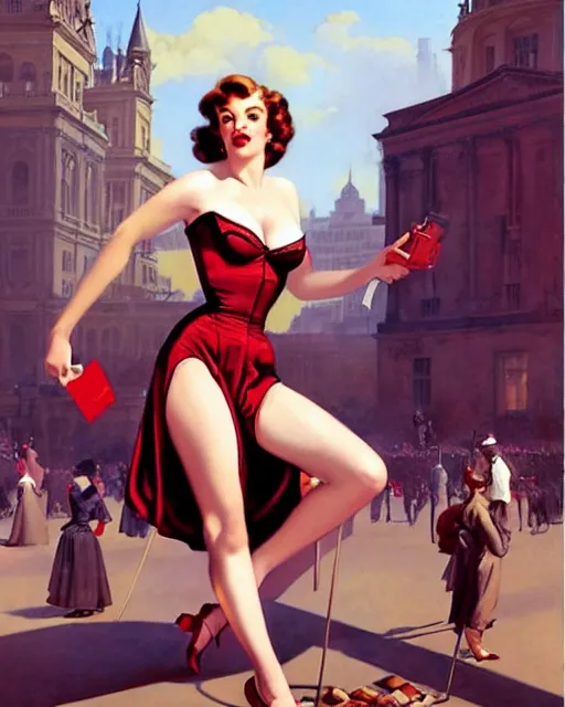 Image similar to pinup photo of hermione jean granger in the crowded square of the city, by greg rutkowski, gil elvgren, enoch bolles, glossy skin, pearlescent, very coherent, flat