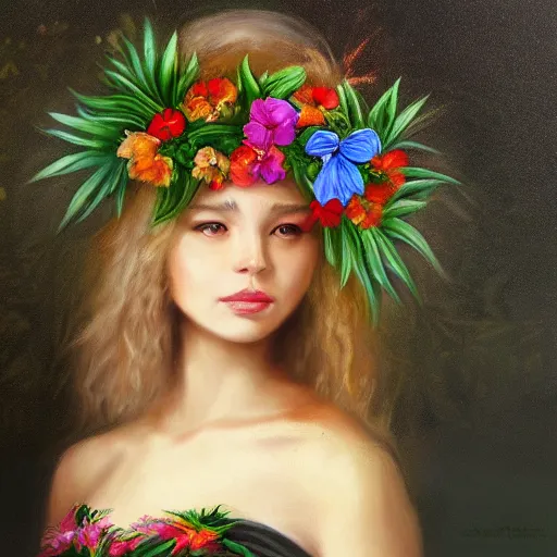 Image similar to oil painting portrait of a long haired fluffy black Cat wearing flower crown and lei necklace on tropical island background digital Art, concept Art, highly detailed, 3-D 4K, trending on art station, Mark Brooks,