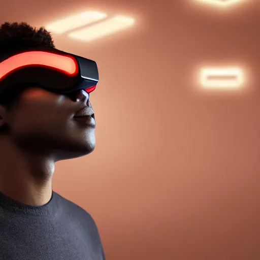 Image similar to dark skinned man wearing futuristic vr headset neon lights ambient light unity game ultra - realistic