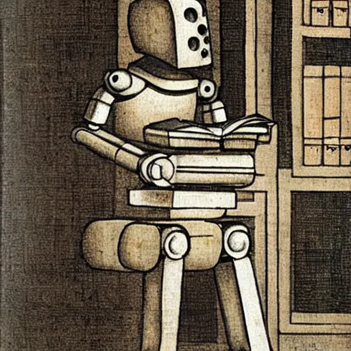 Image similar to a robot reading a book by leonardo da vinci