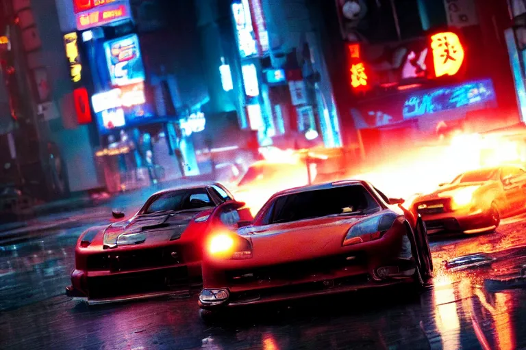 Prompt: tokyo drift fast and furious film still, racing on wet city street at night, hyper detailed, forza, smooth, high contrast, volumetric lighting, octane, george miller, jim lee, vibrant rich deep color, comic book, ridley scott