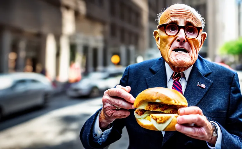 Prompt: photograph of Rudy Giuliani eating a bagel, one point perspective, 1-point perspective, tilt shift, sigma 85mm f/1.4, 4k, depth of field, high resolution, 4k, 8k, hd, full color