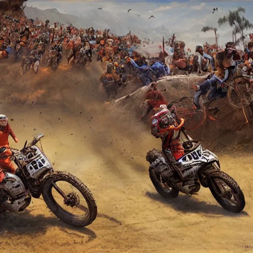 Prompt: erzberg rodeo off road motorcycle race in a dante's inferno, realistic painting art, super detailed, 2 riders are chasing each other